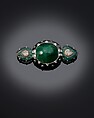 Shoulder Brooch, Cartier (French, founded Paris, 1847), Brooch: platinum, set with emeralds, rubies, diamonds, enamel, and gold; tassel: pearls and onyx beads